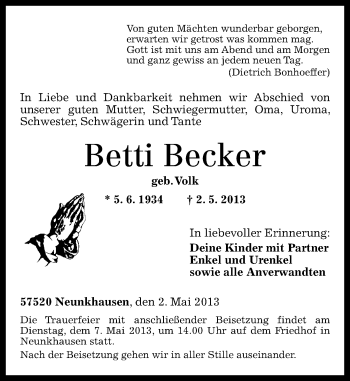 Traueranzeige von Betti Becker von Westerwälder Zeitung