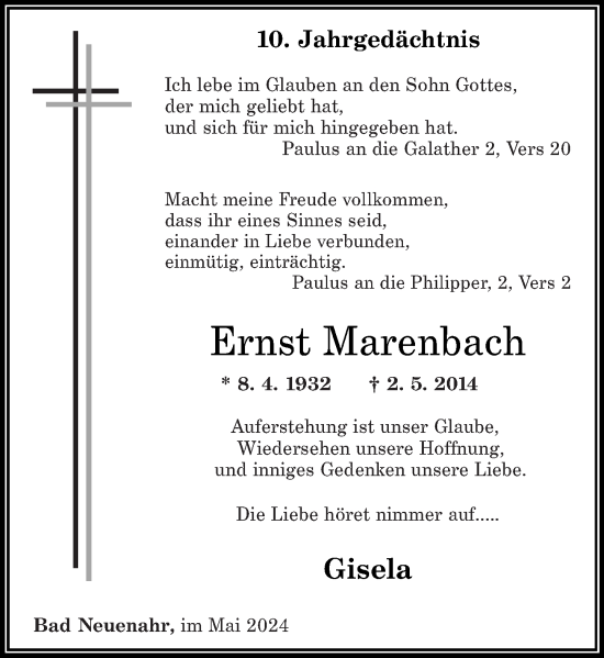 Traueranzeige von Ernst Marenbach von Rhein-Zeitung