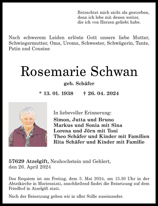Traueranzeige von Rosemarie Schwan von Westerwälder Zeitung