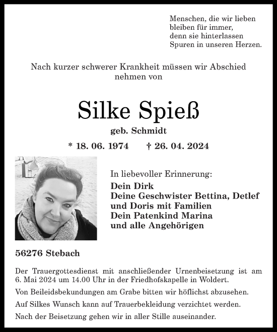 Traueranzeige von Silke Spieß von Rhein-Zeitung, Westerwälder Zeitung
