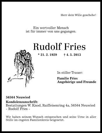 Traueranzeige von Rudolf Fries von Rhein-Zeitung