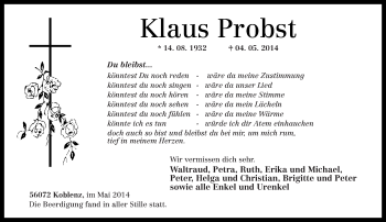 Traueranzeige von Klaus Probst von Rhein-Zeitung