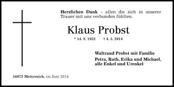 Traueranzeige von Klaus Probst von Rhein-Zeitung