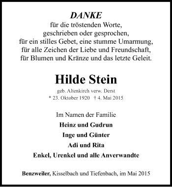 Traueranzeige von Hilde Stein von Rhein-Hunsrück-Zeitung