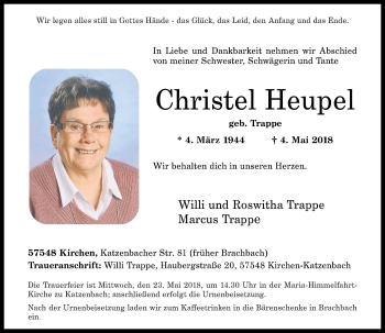 Traueranzeige von Christel Heupel von Rhein-Zeitung