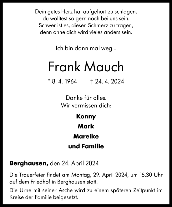 Traueranzeige von Frank Mauch von Rhein-Lahn-Zeitung