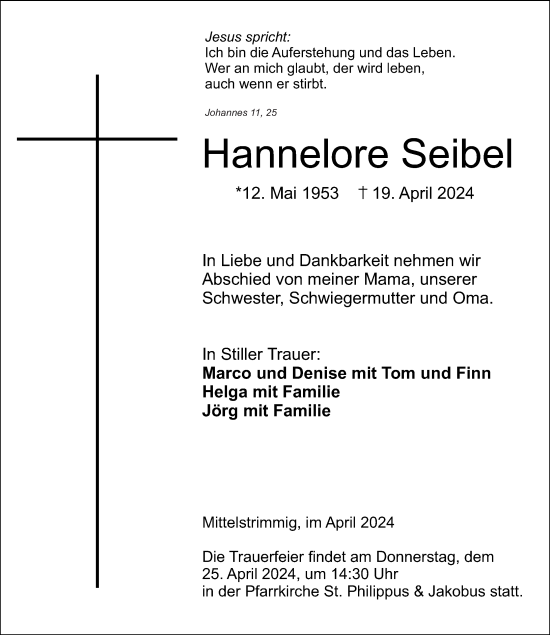 Traueranzeige von Hannelore Seibel von Rhein-Zeitung