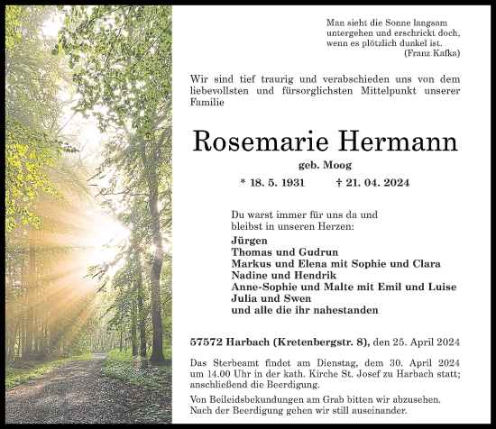 Traueranzeige von Rosemarie Hermann von Rhein-Zeitung