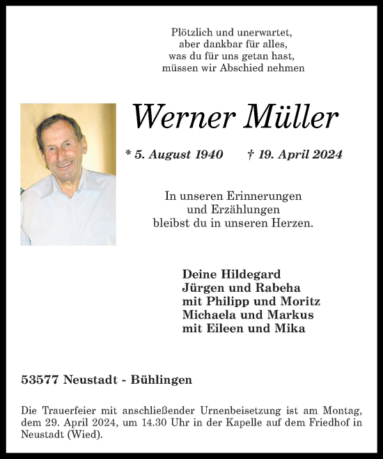 Traueranzeige von Werner Müller von Rhein-Zeitung