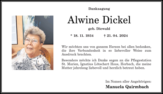 Traueranzeige von Alwine Dickel von Westerwälder Zeitung