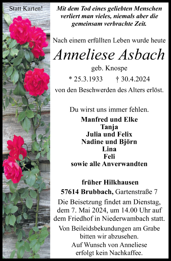 Traueranzeige von Anneliese Asbach von Rhein-Zeitung