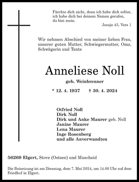 Traueranzeige von Anneliese Noll von Rhein-Zeitung