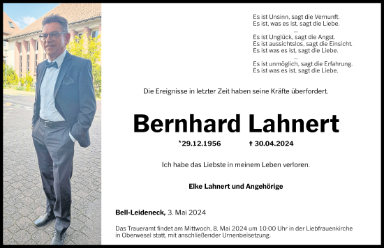 Traueranzeige von Bernhard Lahnert von Rhein-Hunsrück-Zeitung