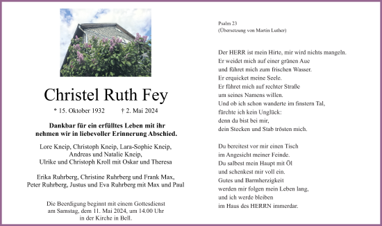 Traueranzeige von Christel Ruth Fey von Rhein-Hunsrück-Zeitung