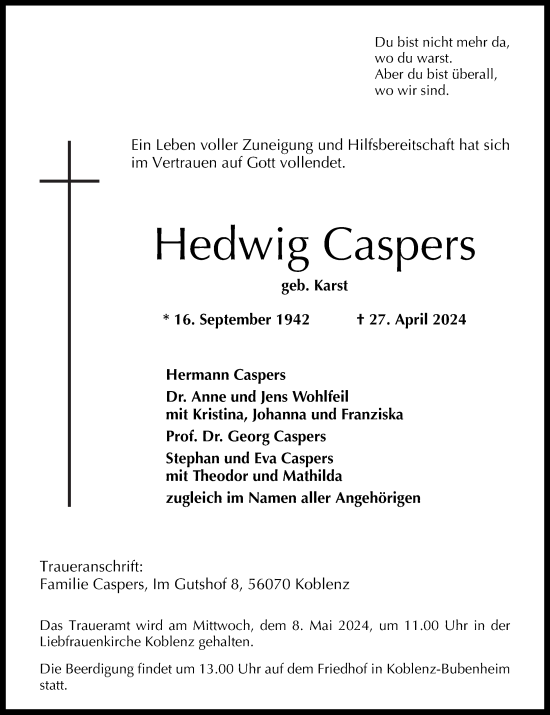 Traueranzeige von Hedwig Caspers von Rhein-Zeitung