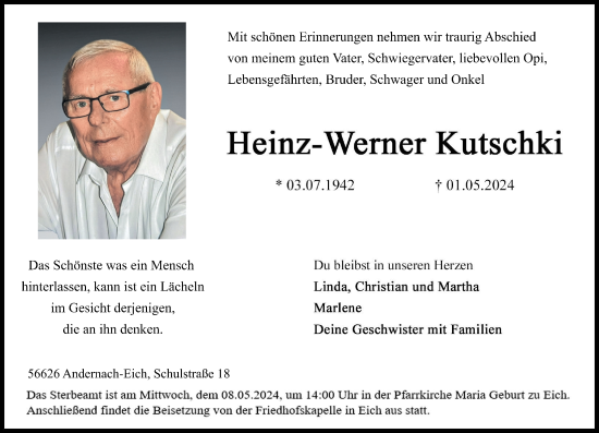 Traueranzeige von Heinz-Werner Kutschki von Rhein-Zeitung
