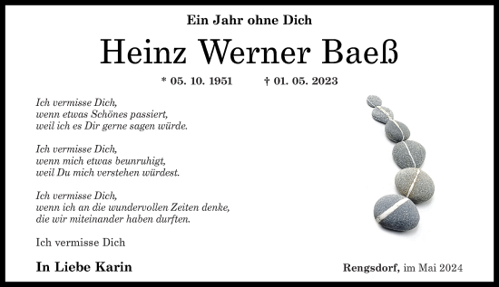 Traueranzeige von Heinz Werner Baeß von Rhein-Zeitung