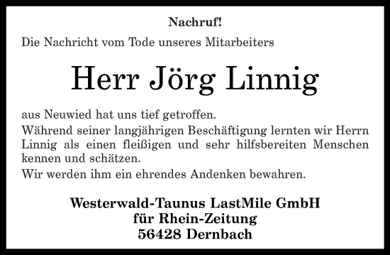 Traueranzeige von Jörg Linnig von Rhein-Zeitung