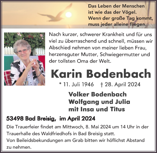 Traueranzeige von Karin Bodenbach von Rhein-Zeitung