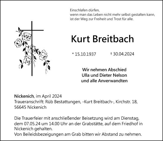 Traueranzeige von Kurt Breitbach von Rhein-Zeitung