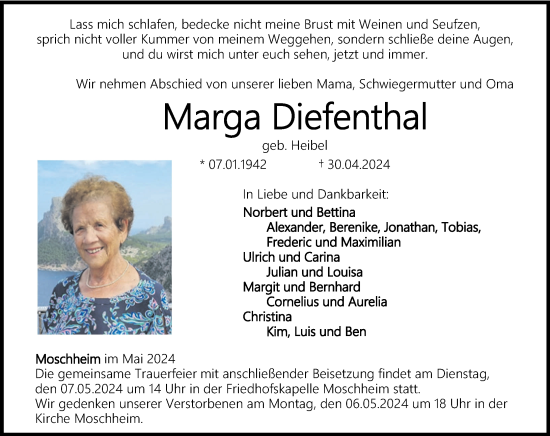 Traueranzeige von Marga Diefenthal von Westerwälder Zeitung