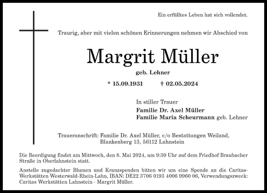 Traueranzeige von Margrit Müller von Rhein-Lahn-Zeitung