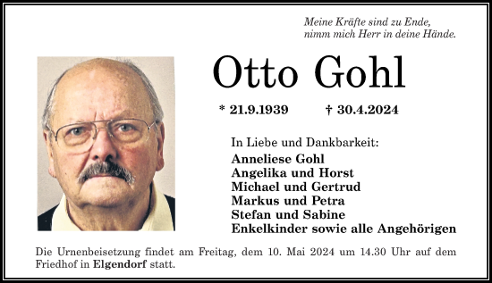 Traueranzeige von Otto Gohl von Westerwälder Zeitung