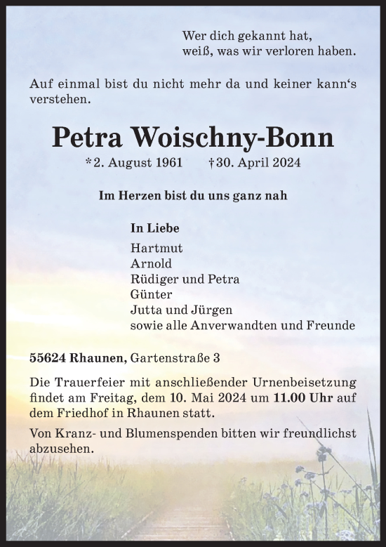 Traueranzeige von Petra Woischny-Bonn von Rhein-Hunsrück-Zeitung, Nahe-Zeitung