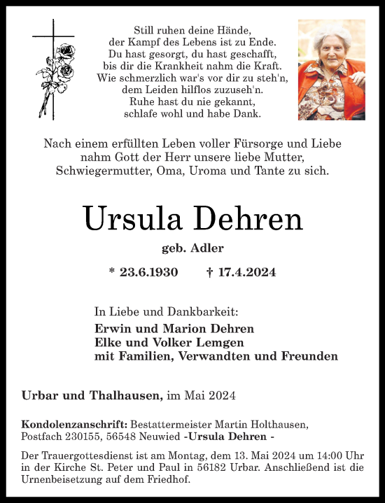 Traueranzeige von Ursula Dehren von Rhein-Zeitung