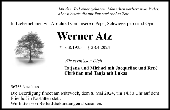 Traueranzeige von Werner Atz von Rhein-Lahn-Zeitung